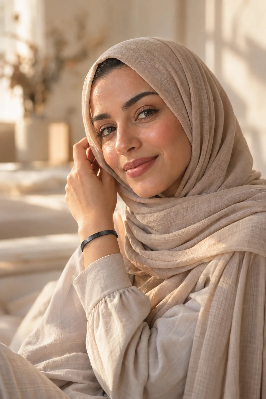 Femme en hijab portant le bracelet Nuryla au poignet